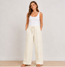 Ladies Trousers Linen Mix Womens Stripe Summer Holiday Elastic Waist Beach NEW