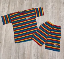 Vintage Hugo Boss America Rainbow Striped Knit T-Shirt & Shorts 2 Pc Outfit L/XL