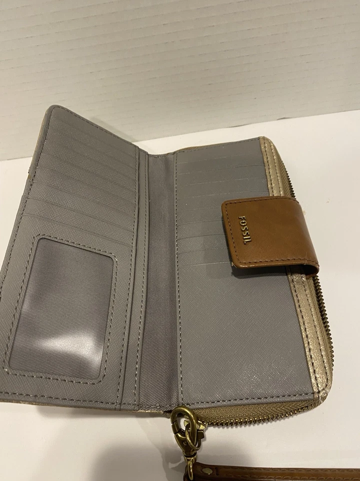Bolso de mano/cartera de cuero Fossil, dorado, blanco y marrón Foto 3 de 4