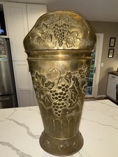 Antique Original Repousse Brass Umbrella Cane Walking Stick Stand Holder Grapes