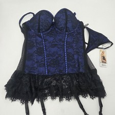 Baci Bustier Corset G Strin Womens Sz L Black Blue Lace Fairy Romantic Lingerie