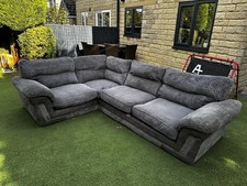 Grey Corduroy Corner Sofa, Classic Round Arms, Solid/Plain, With Cushions