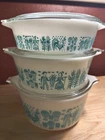 New ListingVintage Pyrex Butterprint Casserole Set 471, 472 & 473 w/Lids White Aqua