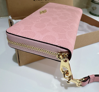 NEW COACH Long Zip Around Wallet In Signature Canvas Powder Pink
