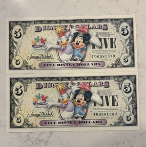 Disney 2009 Disney Parks $5 Disney Dollars Donald Duck Minnie Mouse Pair