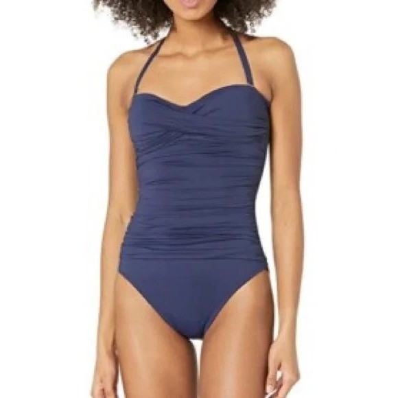 Traje de baño Lilly Pulitzer flamenco de una pieza para mujer 10 azul marino acanalado halter playa