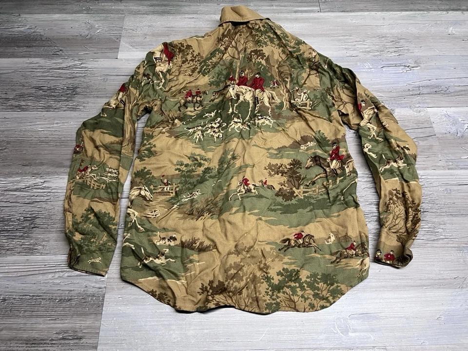 复古 90 年代 RALPH LAUREN 马术马新奇狐狸狩猎印花纽扣衬衫 S — 第 2/4 张图片