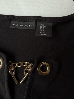 Tahari Women s Black Tank Top Gold Grommet Chain Detail Long Sleeve Size S