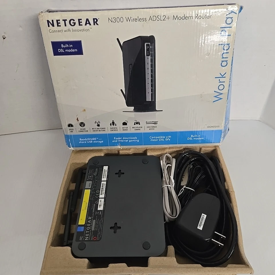 NETGEAR N300 Wireless DSL Modem Router ADSL2 + MODEM ROUTER Model DGN2200 w/box - Image 2 of 4