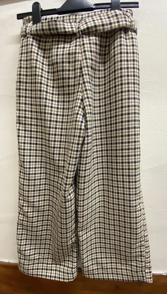H&M Houndstooth Cropped Wide Leg Trousers Beige Black Size 38 UK 10 Belted Waist - Image 2 of 4