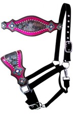 Showman Nylon bronc halter with rainbow metallic print and pink metallic leather