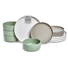 12-Piece Stoneware Dinnerware Set for 4, Satin Glazed Plates and Bowls Sets w...