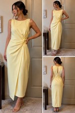 GUESS Yellow Solid Ruched Round Neck Sheath Long Dress Sleeveless size S