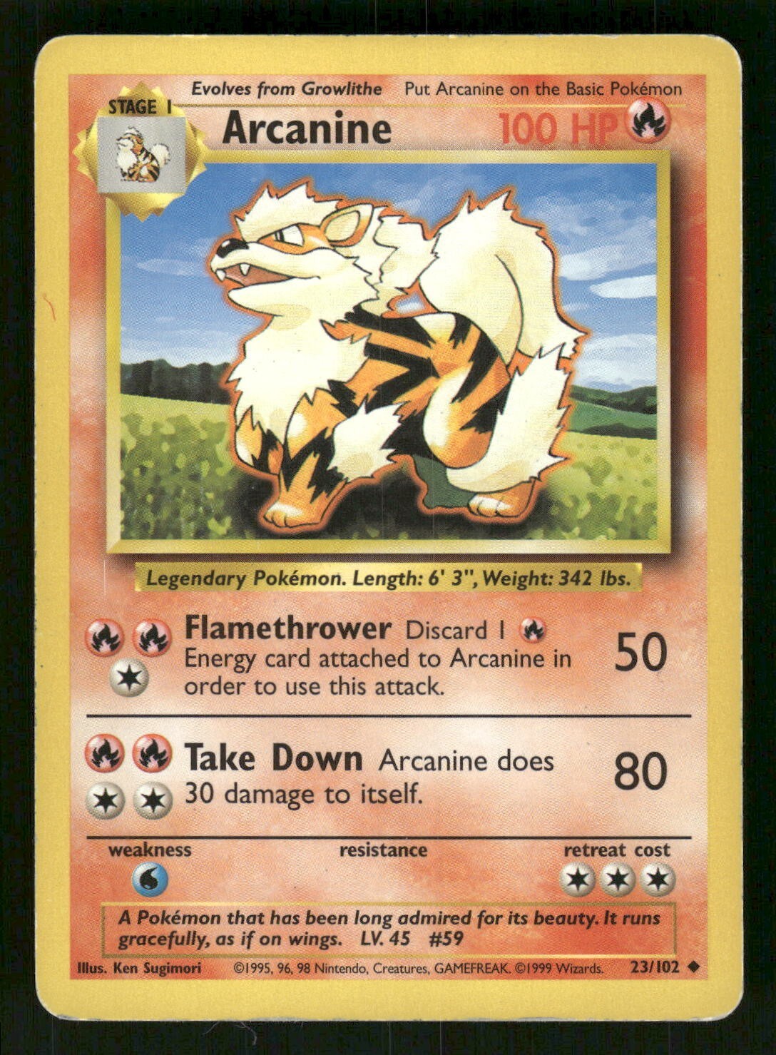 1999 Heavily Played Pokemon 23/102	Arcanine Base Set Non Holo English