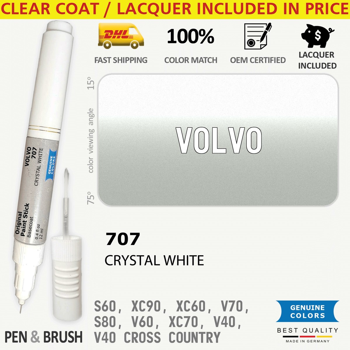 707 Touch Up Paint for Volvo White S60 XC90 XC60 V70 S80 V60