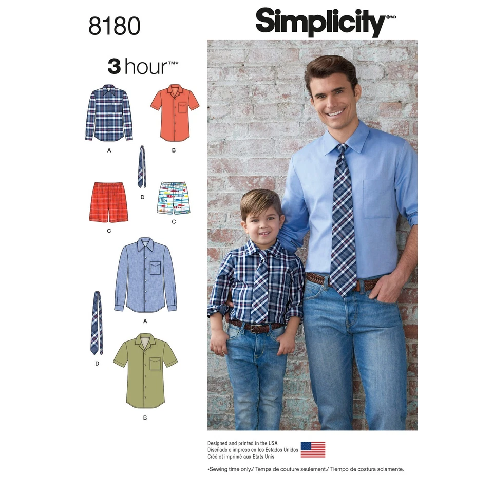 Simplicity 8180 HERREN & Jungen Hemd Boxer & Krawatte Nähen Muster Größe S-L - Bild 1 von 4