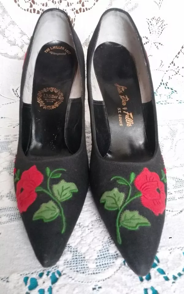 Zapato de Tacón Coleccionista 1960 8AAA I. MILLER NEGRO de Colección con Flores Hermoso Clásico Foto 3 de 4