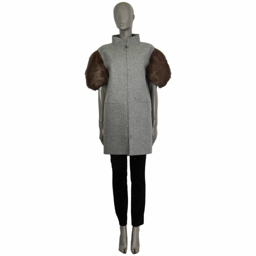60092 auth FENDI grey wool FUR SHORT SLEEVE Coat Jacket 40 S | eBay