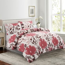 Rayon from Bamboo Bedding Printed 3 Piece Duvet Cover Set, Pink Red Floral Queen