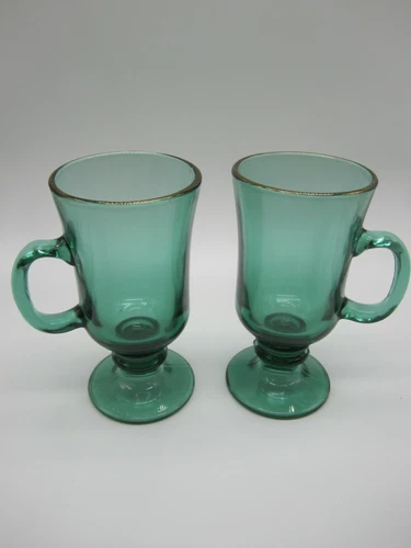 Vintage Libbey Irish Coffee Mugs Green Glass Gold Rim Pedestal Footed 5.5" Tall