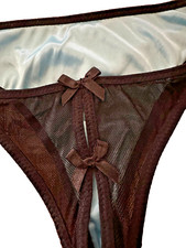 VINTAGE NWOT Y2K Blue Satin Black Mesh Thong Panties Size Medium / 6