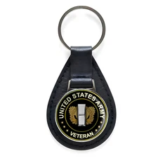 United States Army Veteran Black Leather Keychain Silver Keyring Military Gift