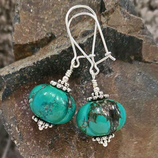 Chunky Green Turquoise Melon & Sterling Silver Earrings Handcrafted