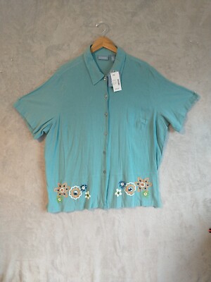 Liz & Me Embroidered Embellished Shirt Button Front Short Slv Blue 2X 