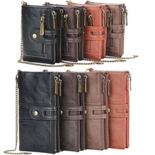 US RFID Blocking Mens Wallet with Anti-Theft Chain Double Zip Purse Card Holders