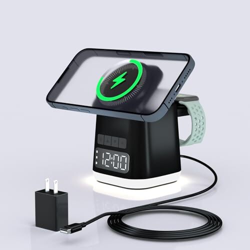 Alarm Clock + 3 in 1 Charging Station + Night Light, iPhone iwatch airpod Black