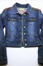 Stradivarius Denim Jacket Womens Small Cropped Embroidered Skull Blue Jean Spain