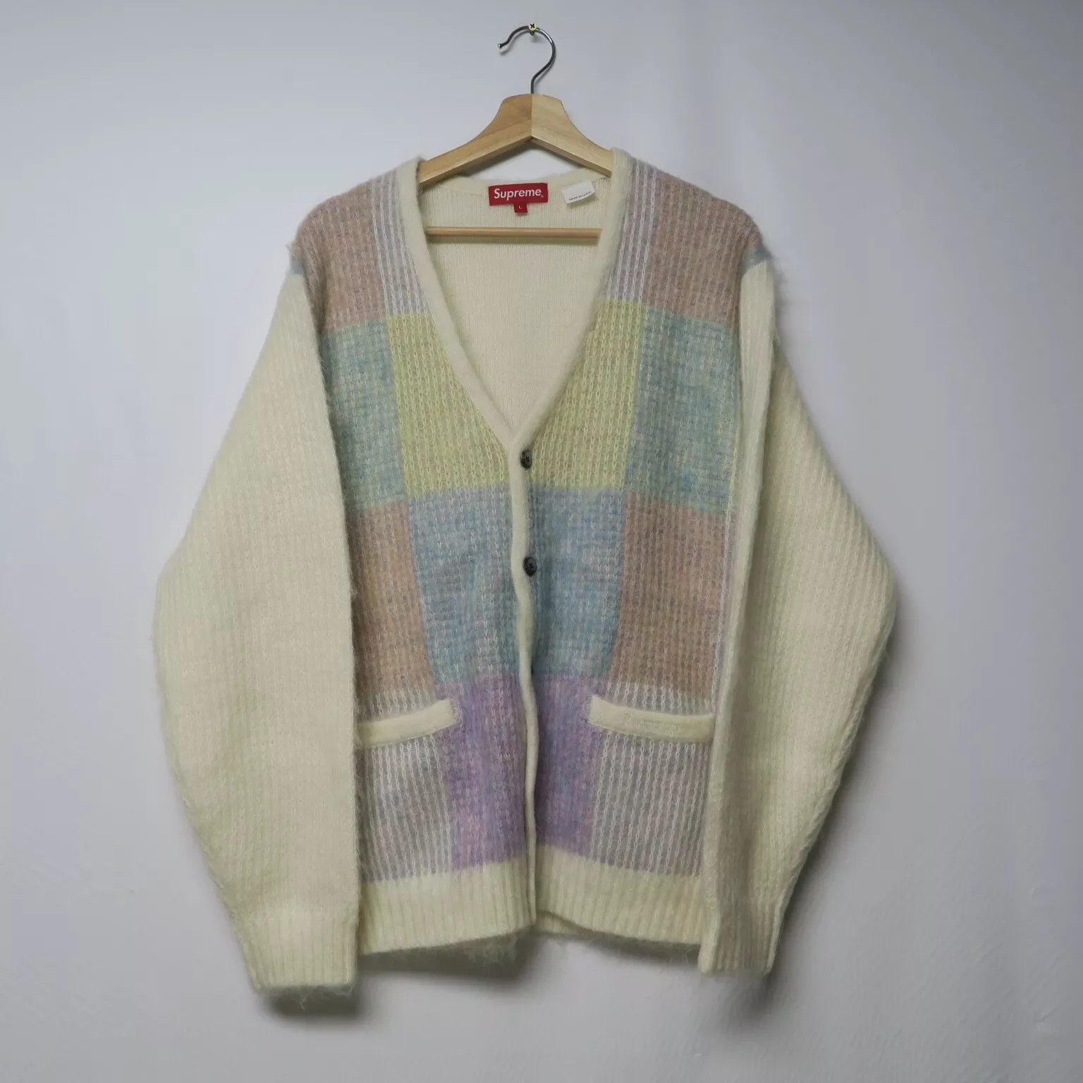 Cardigan mohair SUPREME grille brossée blanc L veste pull SS22   Neuf