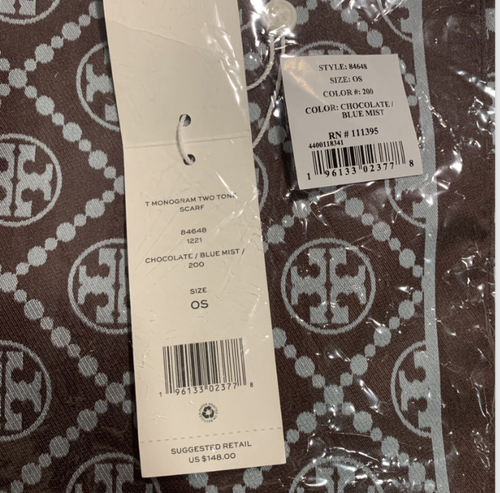 New W Tags Tory Burch Monogram logo Square Scarf Shawl Brown / Blue Mist 27x27 - Picture 3 of 4
