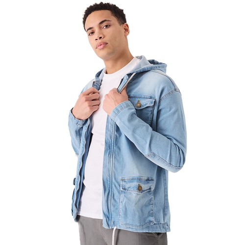 JMOJO Mens Denim Hooded Jacket Warm Trucker Durable Hoodie Winter Sleeves Coat - Picture 18 of 33