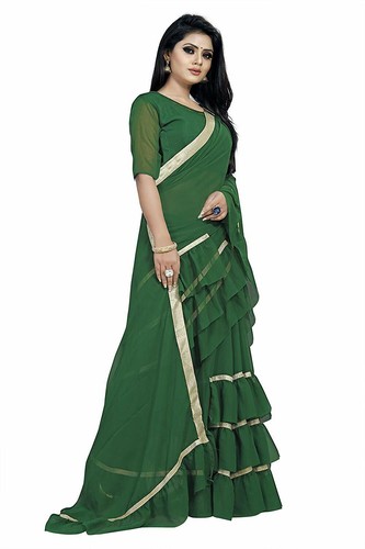 Women's Ruffle Saree Georgette Frill Design Stylish Ruffle Sari Blouse Partywear - Picture 32 of 94