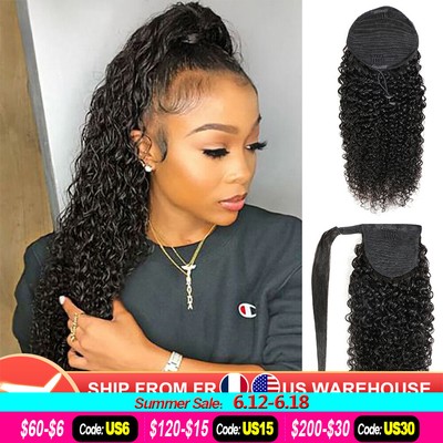 Soft Feel Hair Curly Ponytail Human Hair Women Clip Wrap Drawstring Extensions