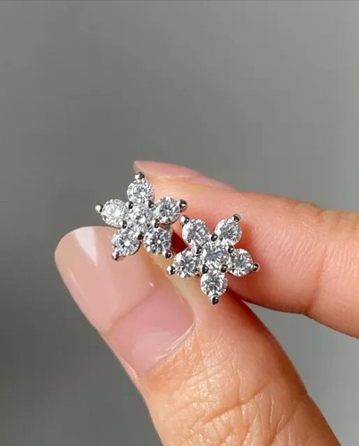 1.00Ct Round Cut Moissanite Push Back Flower Stud Earrings 14K White Gold Plated