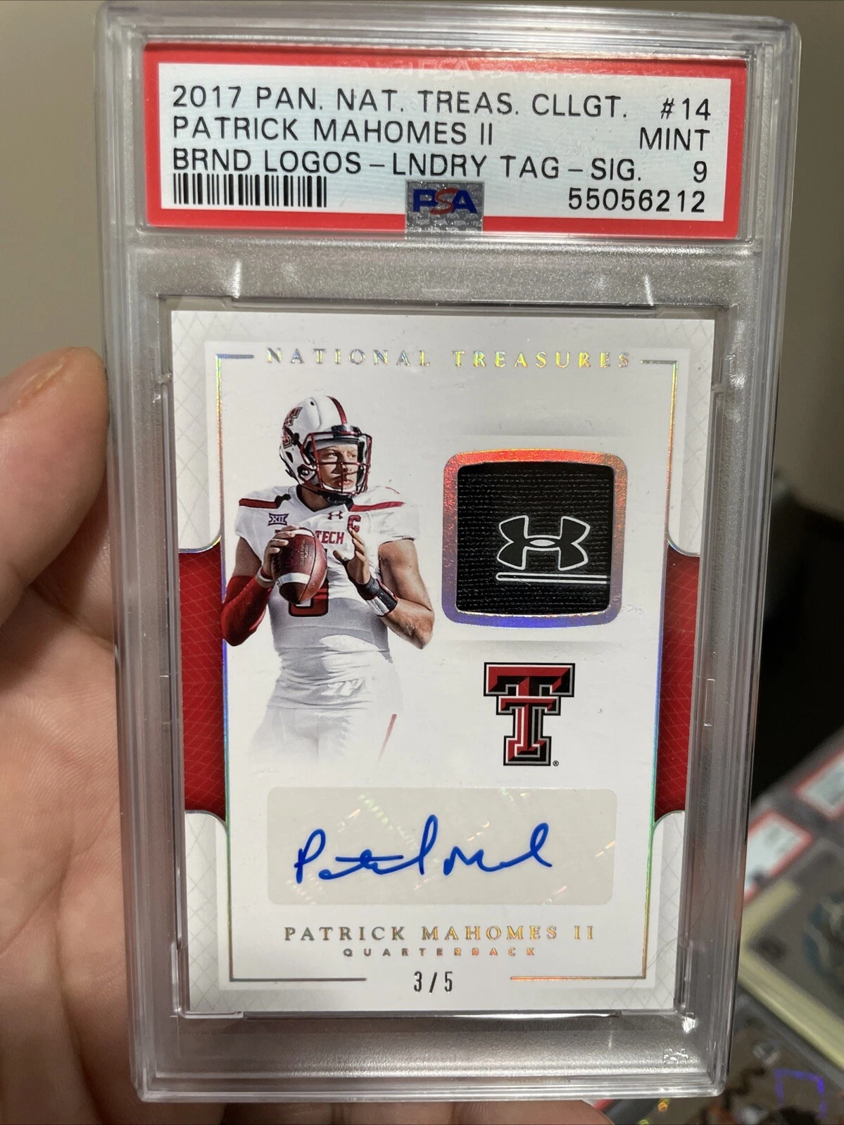 Patrick Mahomes Panini National Treasures Collegiate Brand Logos #14 Laundry Tag-Signature