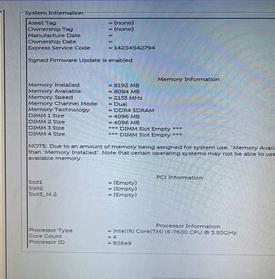 OptiPlex 7050 SFF, 8GB (2x4GB) Memory, Intel Core i5-7600 CPU@3.5GHz No storage