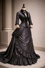 Victorian 1880s Bustle Gown Black SatinLace Historical Reenactment Costume Dress