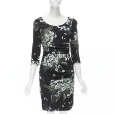 DOLCE GABBANA silk black white green floral print ruched bodycon dress IT40 XS