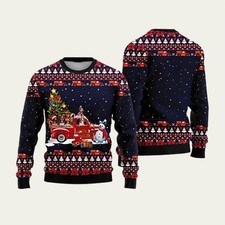 Funny Dogs With Red Truck Christmas Holiday Ugly Christmas Sweater