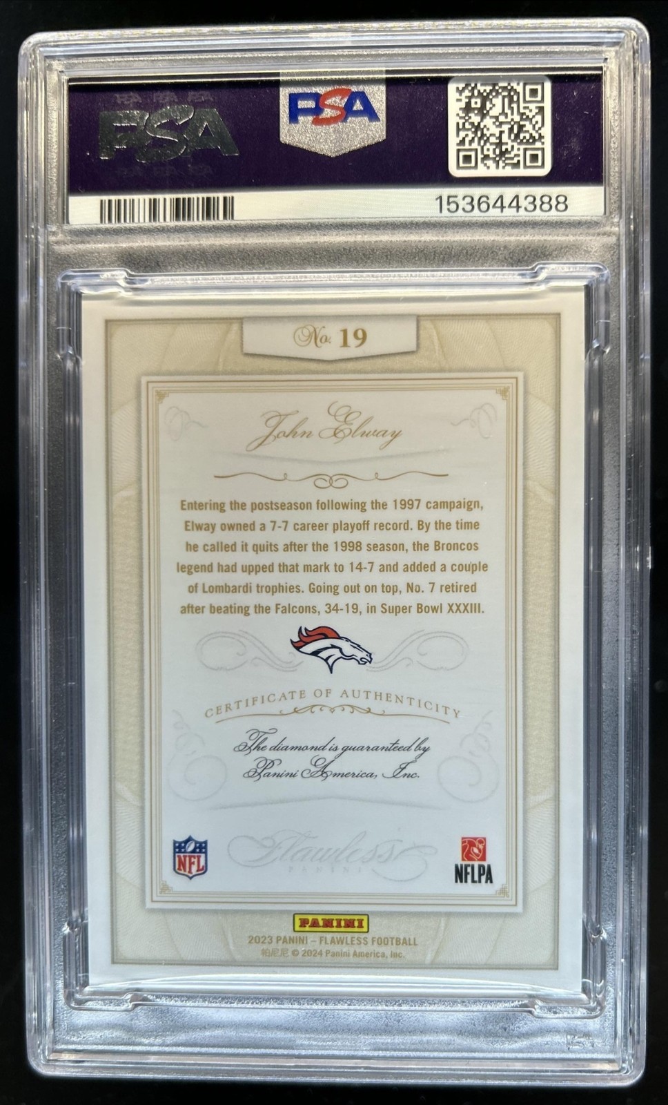 2023 Panini Flawless John Elway Anniversary Diamond Black #1/1 Broncos PSA 8 view 2