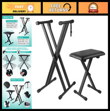 Adjustable Double X Keyboard Stand Piano Bench Set, 7 Heights, Lockable Straps