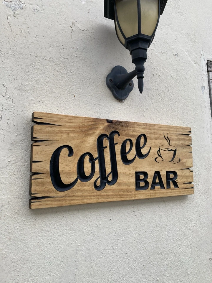 Placa de madeira para bar de café decoração rústica esculpida em café aparência antiga - Imagem 2 de 4