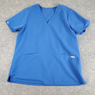 Figs Scrubs Womens Large Blue V Neck Short Sleeve Pocket Logo Stretch Pullover
