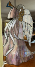 VINTAGE 15" STAINED GLASS TRUMPETING ANGEL SUNCATCHERIRIDESCENT MARBELIZED GLASS