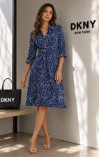 DKNY Womens New Knee Length Dress US 4 Floral Ruched Shirt Blue White DD5AWG24