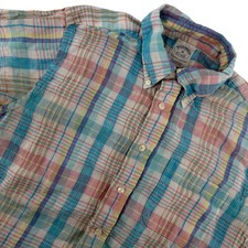 Brooks Brothers Mens Plaid Linen Short Sleeve Button Down Shirt Medium Casual