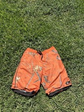 Mossy Oak Swimming Trunks Sz XL Orange Camouflage Big Logo Patch All Over Logos